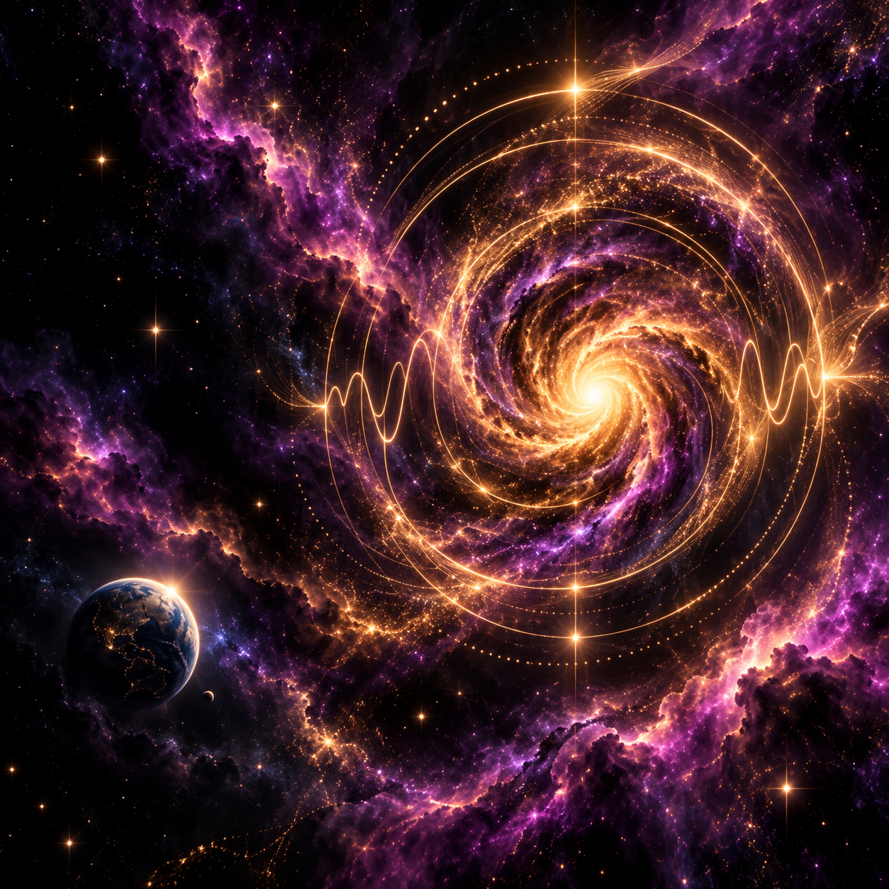 A luminous spiral galaxy surrounded by golden waves of sound, violet nebulae and an Earth-like planet