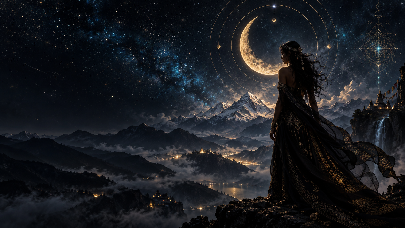 A feminine silhouette beneath a golden crescent in a cosmic landscape